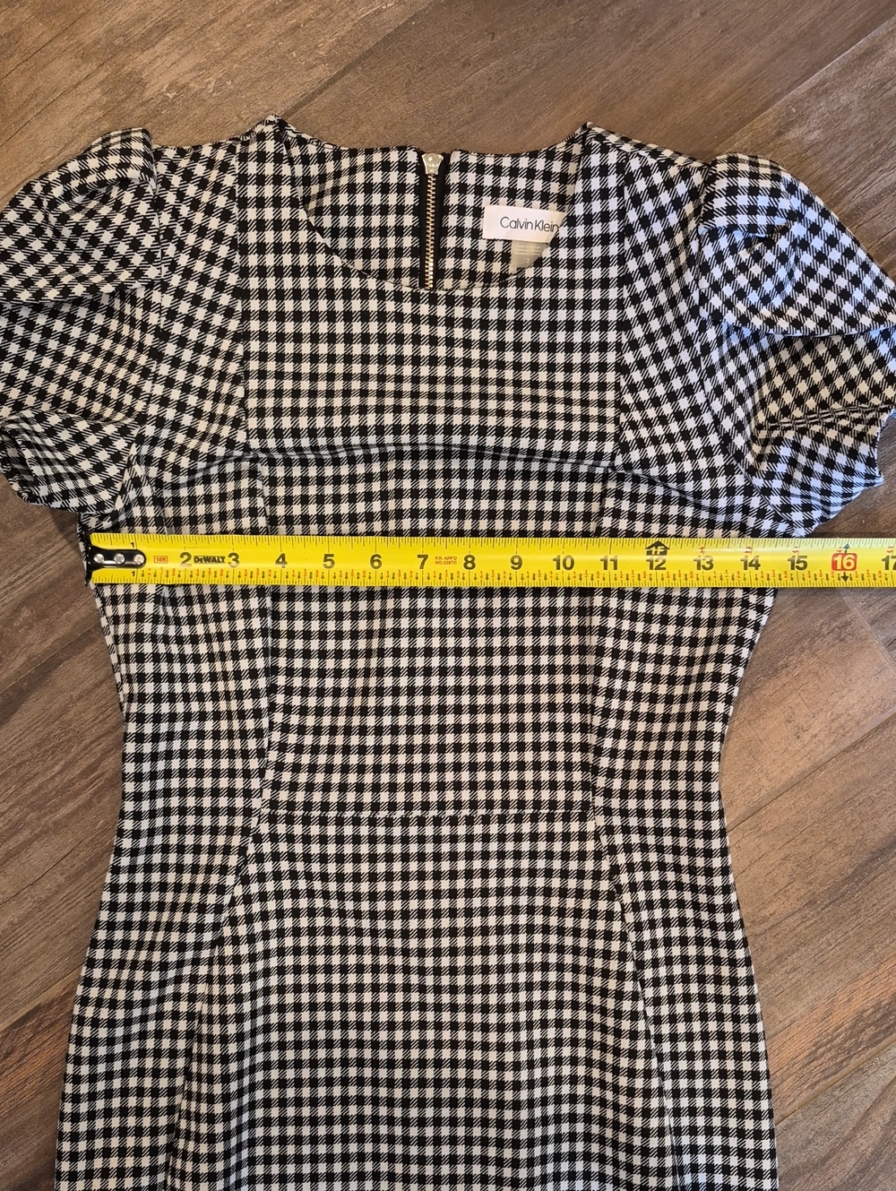 Calvin Klein Black & White Gingham Check Short Tulip Sleeve Sheath Midi Dress 2 - Picture 10 of 11